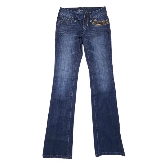 Guess Foxy Embellished Stretch Flared Jeans 24 Denim Gem Jewels Whiskered Studs - Picture 1 of 13
